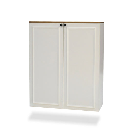 White storage cabinet with sliding doors on a white background