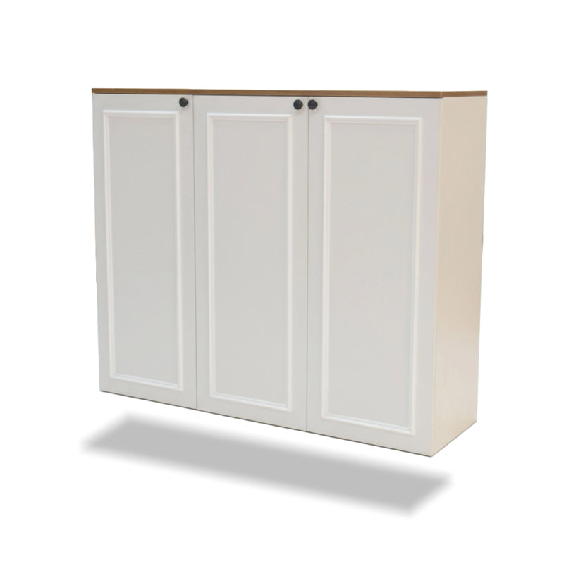 White cabinet with three doors on a white background