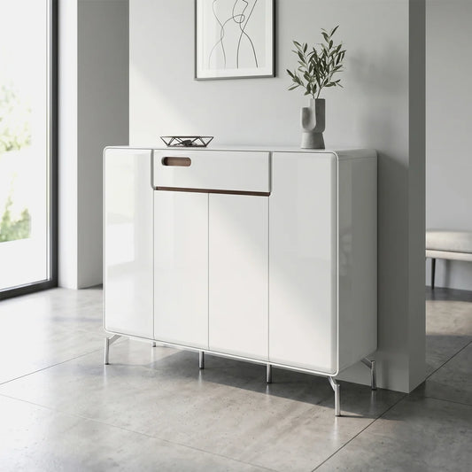 White sideboard with wooden accents in a modern living room