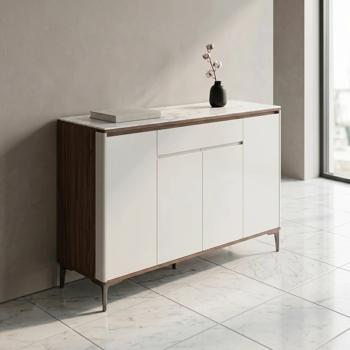 Modern sideboard with marble top and wooden accents in a minimalistic room