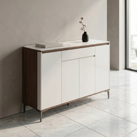 Modern sideboard with marble top and wooden accents in a minimalistic room