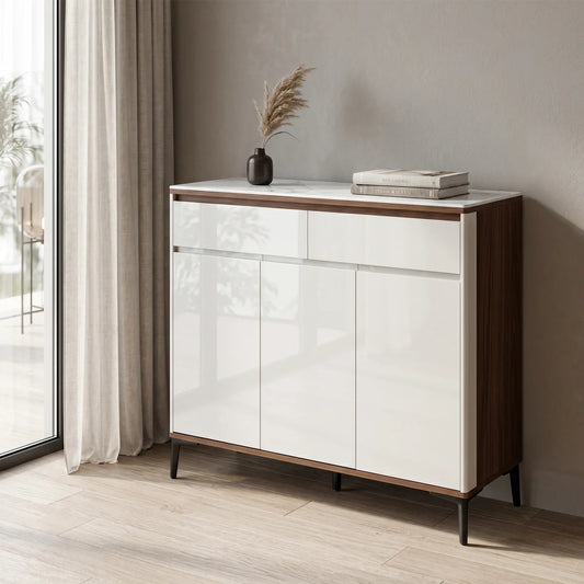 Modern sideboard with white doors and wooden frame in a room with large windows