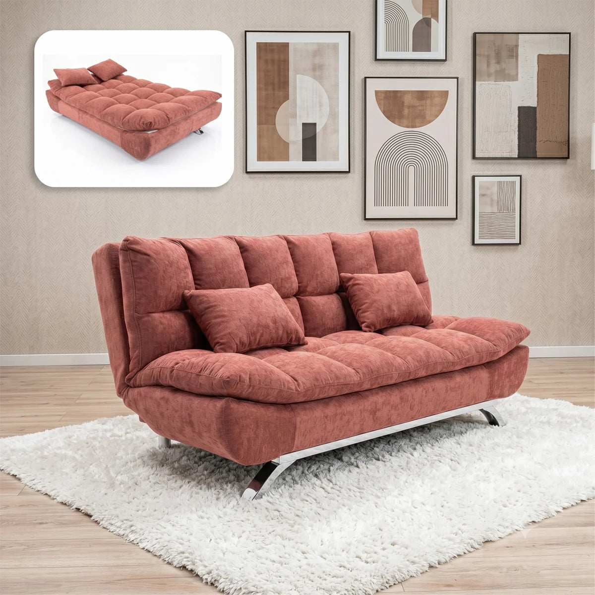 Red sofa bed in a room with abstract art on the wall