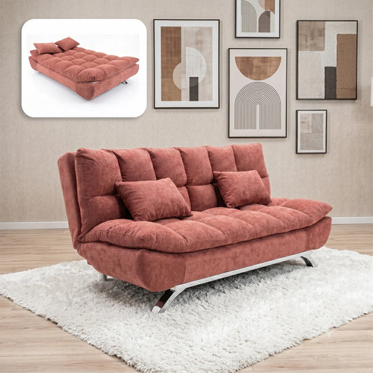 Red sofa bed in a room with abstract art on the wall