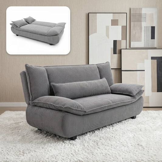Gray sofa in a room with abstract art on the wall