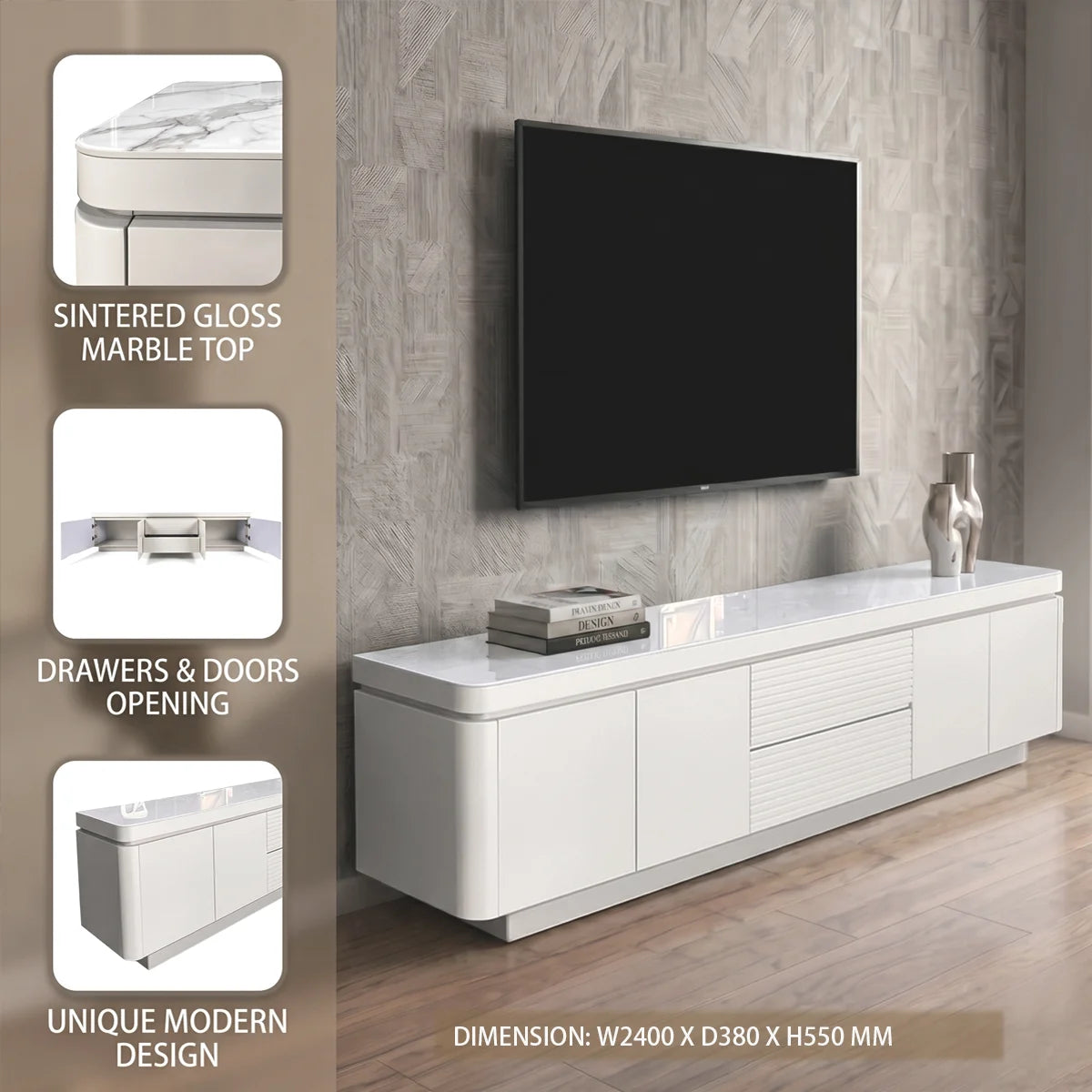 White modern TV cabinet infographic showing product features and dimensions in a living room setting