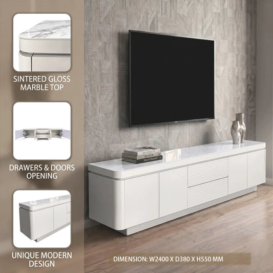 White modern TV cabinet infographic showing product features and dimensions in a living room setting