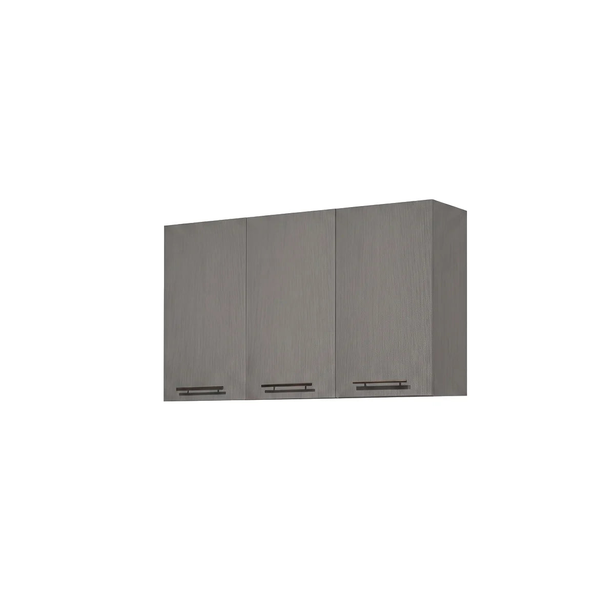A three-door wall-mounted kitchen cabinet in a medium gray woodgrain finish, featuring slim horizontal dark metal handles, shown against a plain white background.