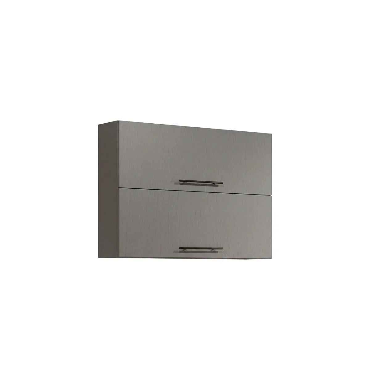 A modern wall cabinet with a brushed metal finish and slim horizontal bar handles, shown against a plain white background.