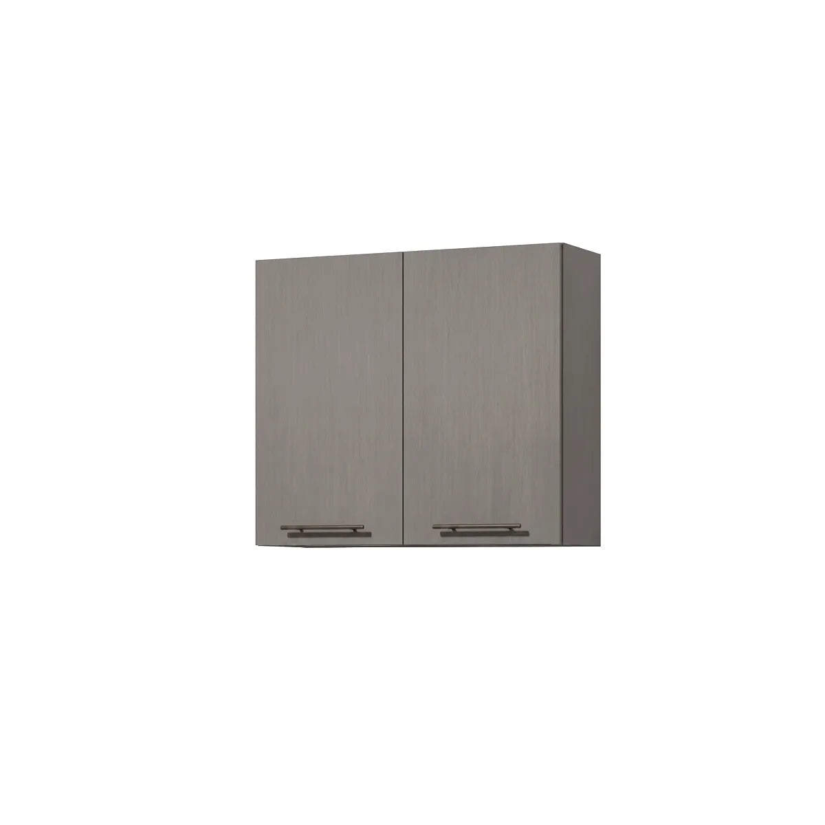 A two-door wall cabinet with a brushed gray wood grain finish and slim black horizontal bar handles, shown against a plain white background.