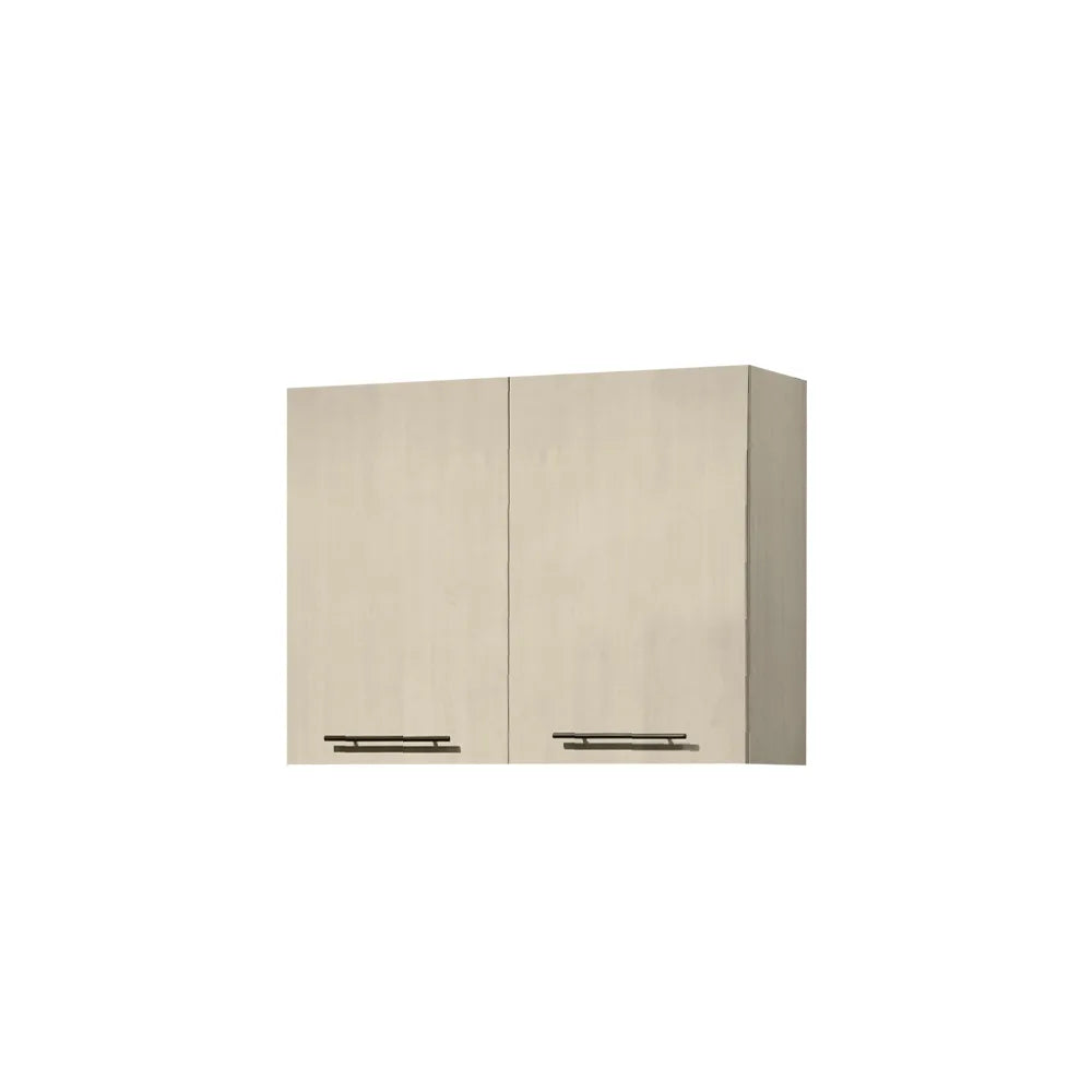 A two-door wall-mounted cabinet with a light beige woodgrain finish and slim black horizontal bar handles, shown against a plain white background.